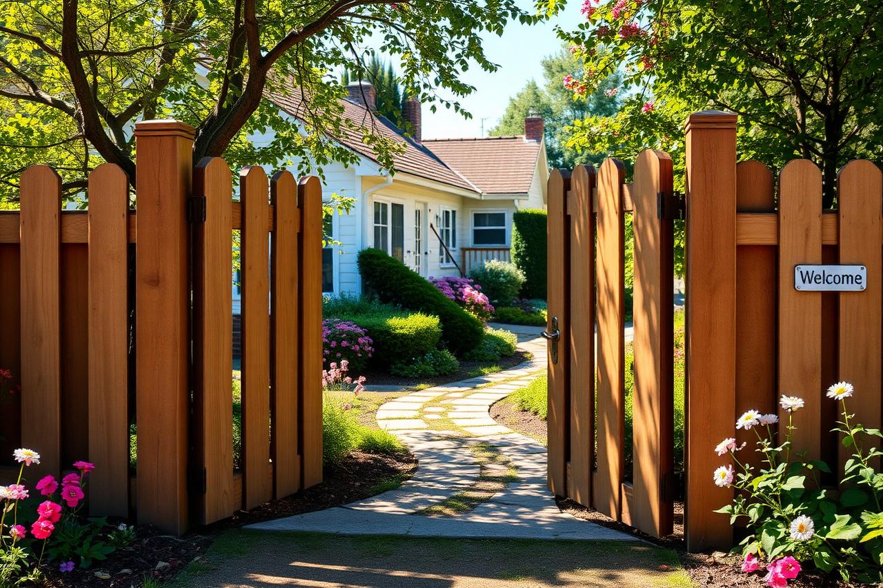 Open wooden garden gate leading to a flowering residential garden path