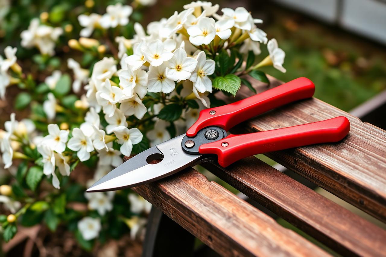 Close-up of bypass pruning shears making a precise cut on a healthy white flowering shrub branch in a residential garden