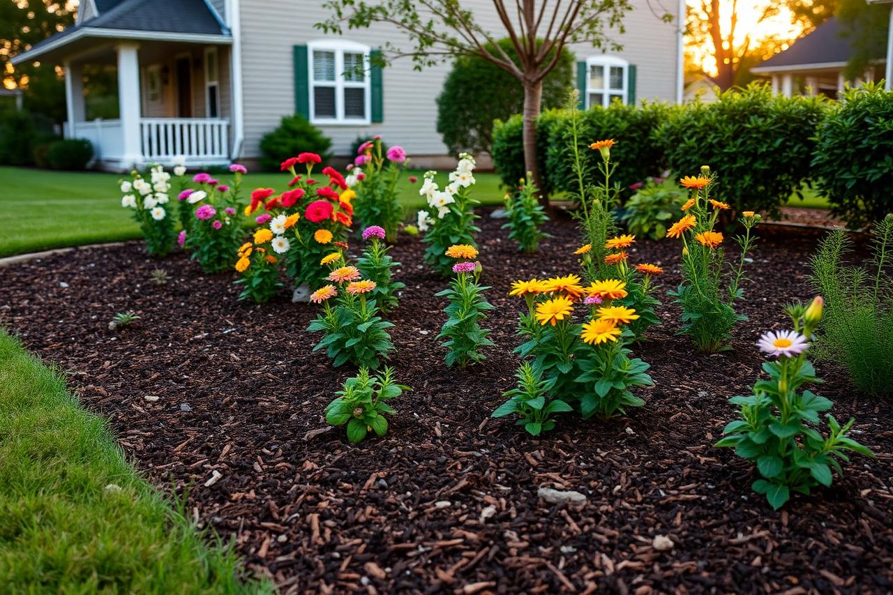 Freshly mulched residential garden bed with thriving flowering plants at golden hour after a follow-up visit