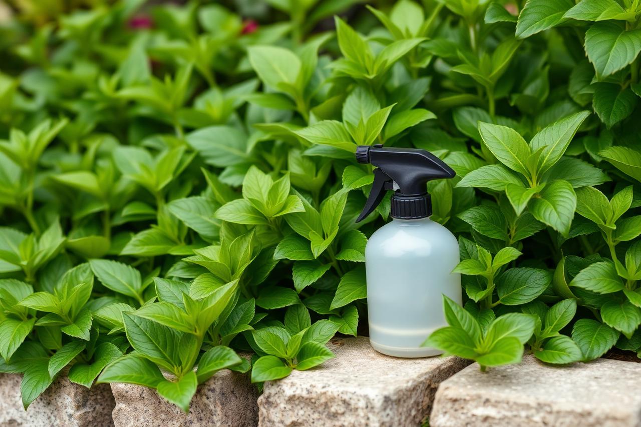 Healthy pest-free glossy green garden foliage above a stone bed border after treatment