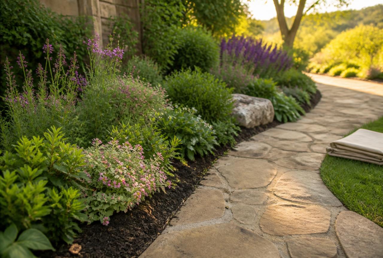 Clean swept stone walkway beside an untouched flower bed showing careful property protection