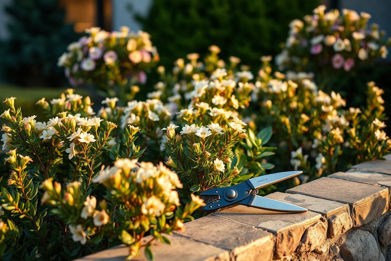 Neatly hand-pruned flowering shrubs beside a stone garden wall in a Texas Hill Country residential garden