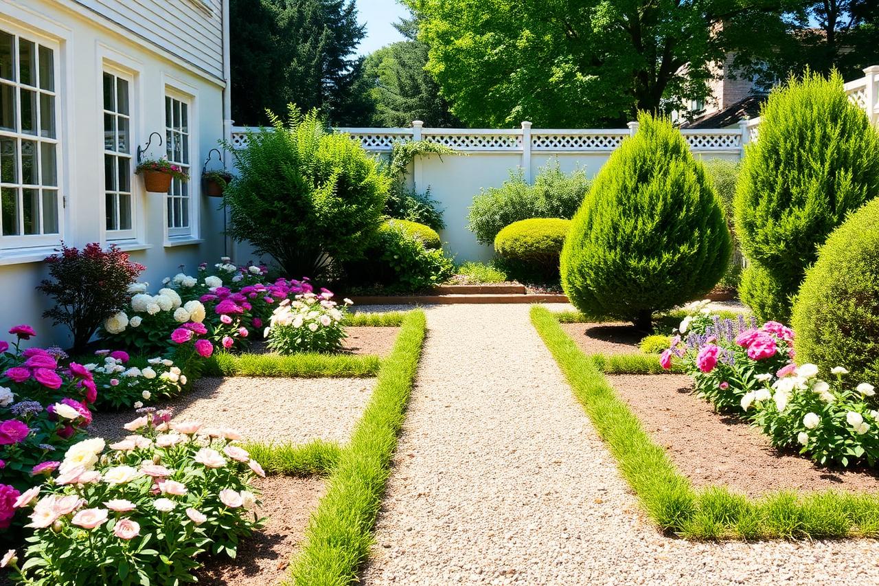 Pristine residential garden courtyard with symmetrical flower beds and tidy gravel path