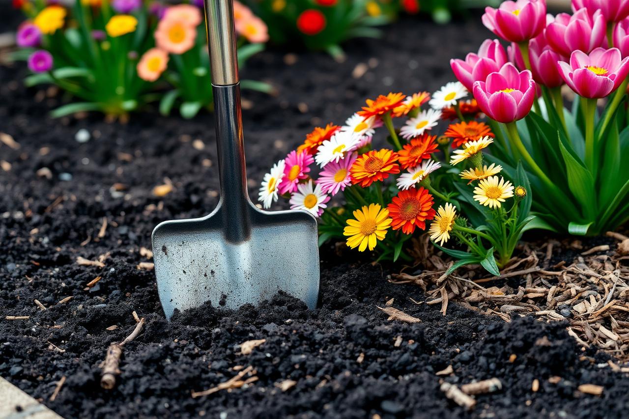 Bulb planter installing vibrant seasonal flowers in a prepared garden bed with colorful spring blooms and dark soil