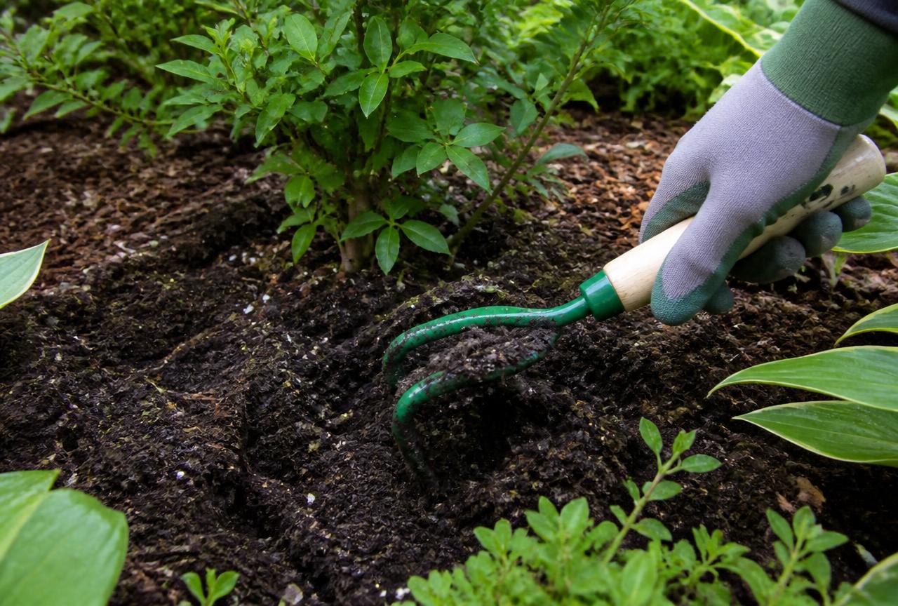 Hand cultivator mixing rich dark organic soil amendment into the soil around established ornamental garden plants