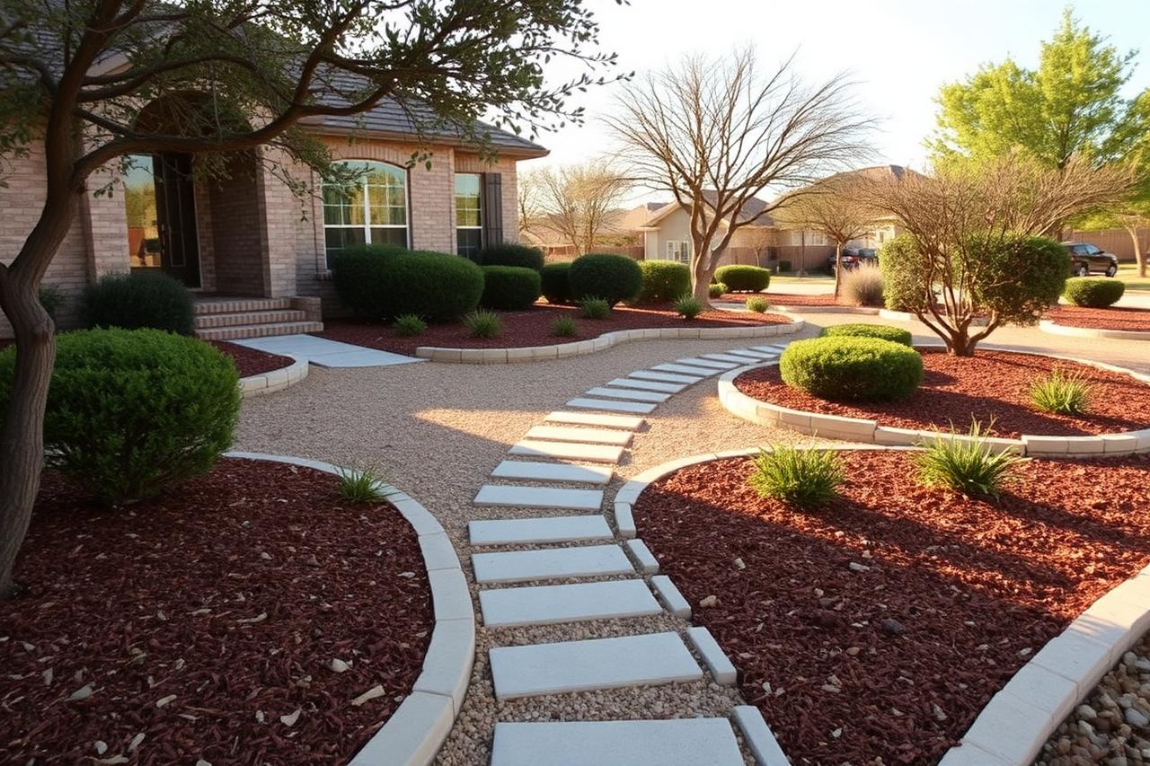Residential Texas Hill Country front yard with mulched beds and shaped shrubs being evaluated for garden care