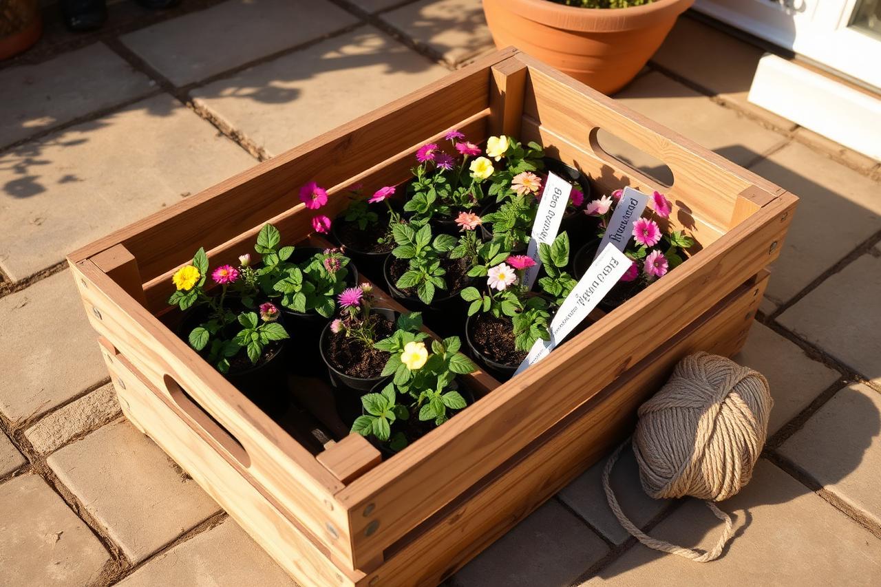 Wooden crate of labeled young flowering plants prepared for a personalized garden care plan