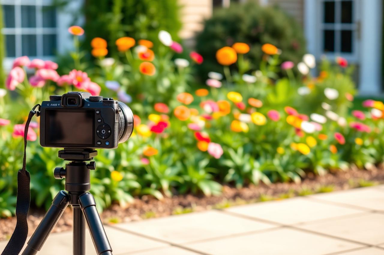Camera on a tripod photographing a colorful flower bed to send progress updates to homeowners who are away