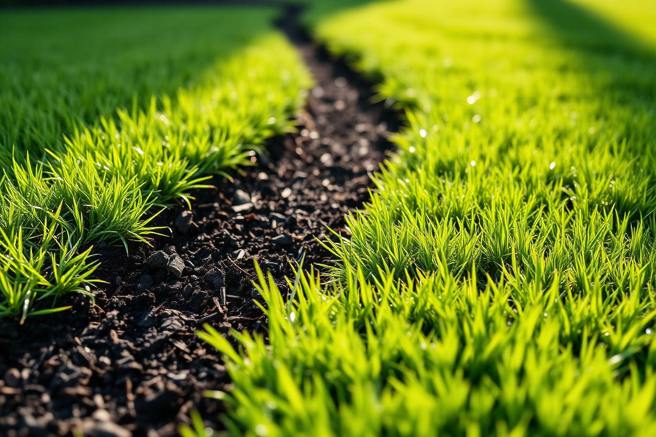 Perfectly crisp cut edge between a dark mulched garden bed and healthy green lawn